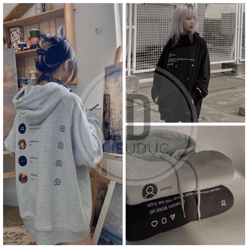 Áo Nỉ Hoodie Insta Fom Rộng Tay Phồng 2 Màu Áo Đôi Nam Nữ Mặc Hot Trent