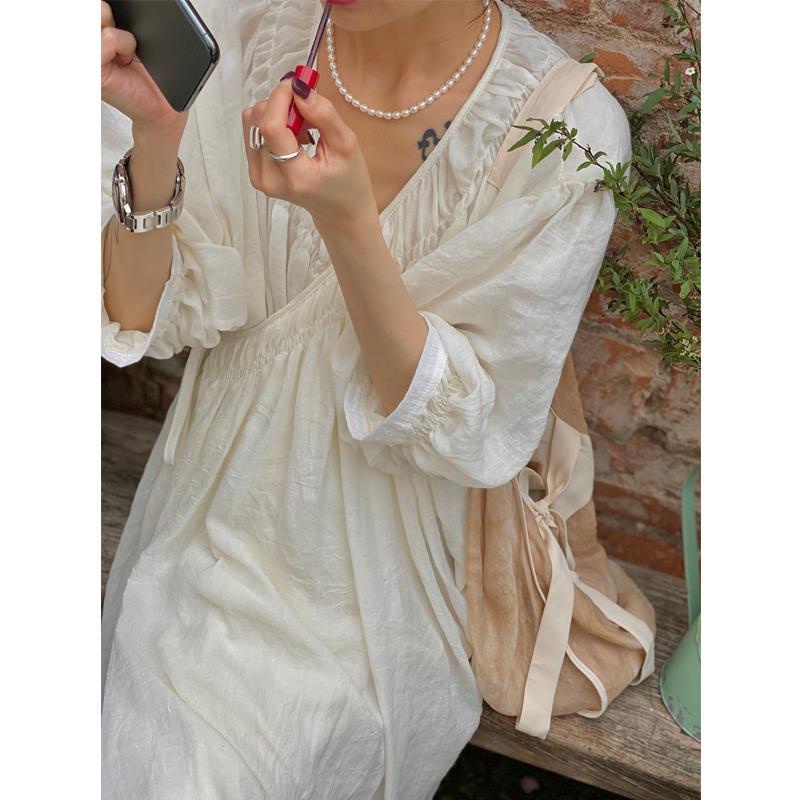 Đầm Chữ A Tay Phồng Cổ Chữ V Cột Dây Đơn Giản Thời Trang Hàn Quốc Cho Nữ