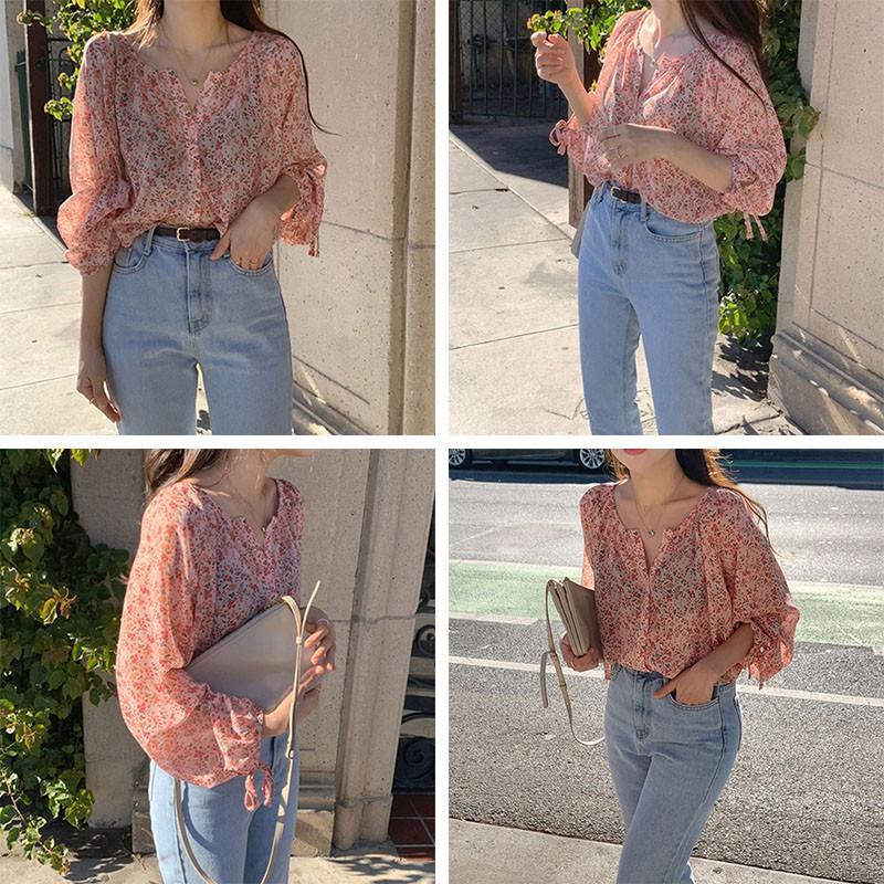 Women's Korean-style chiffon floral long-sleeved thin shirt | BigBuy360 - bigbuy360.vn