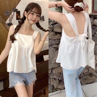 Áo babydoll hai dây bản to buộc nơ sau chất đũi lụa