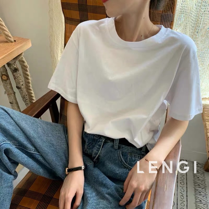 Áo thun cổ tròn trơn nữ basic LENGI  tay lỡ 100% cotton hai màu trắng đen cao cấp - LK005