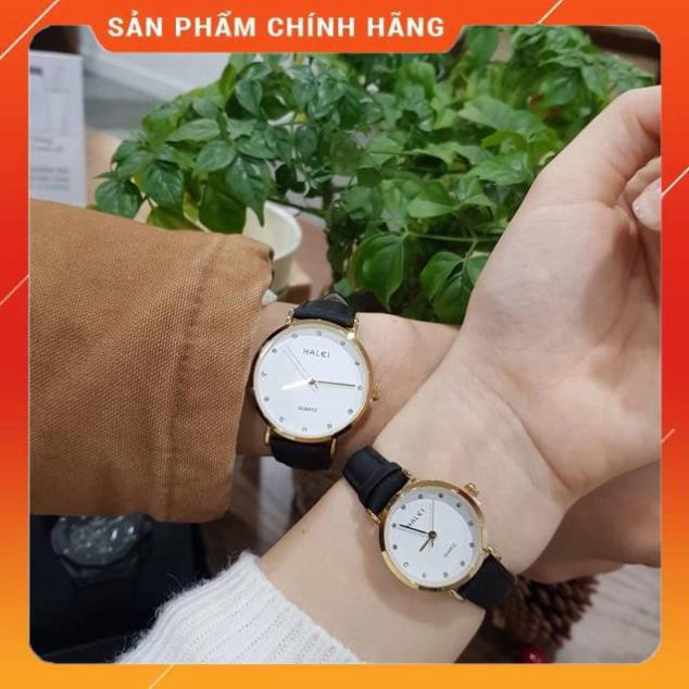 Hot!!! Đồng hồ cặp đôi nam nữ Halei dây da đen mặt ngọc chính hãng Shop giá re