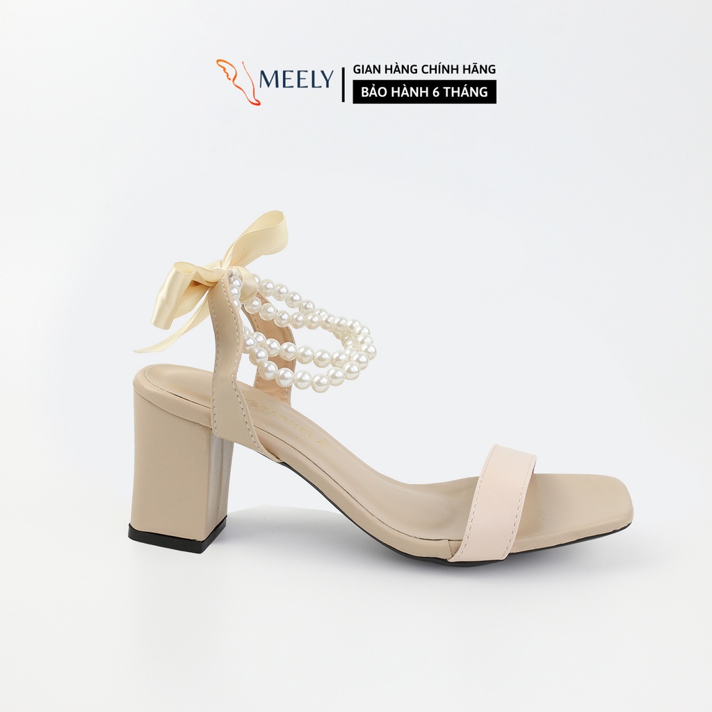 Giày Cao Gót Sandal  MEELY gót vuông lì quai ngọc thắt nơ lụa 6p - SD3125