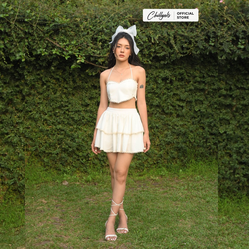 Set áo Chillgals croptop cổ yếm hình trái tim và chân váy xòe 2 tầng tiểu thư cá tính SE-002