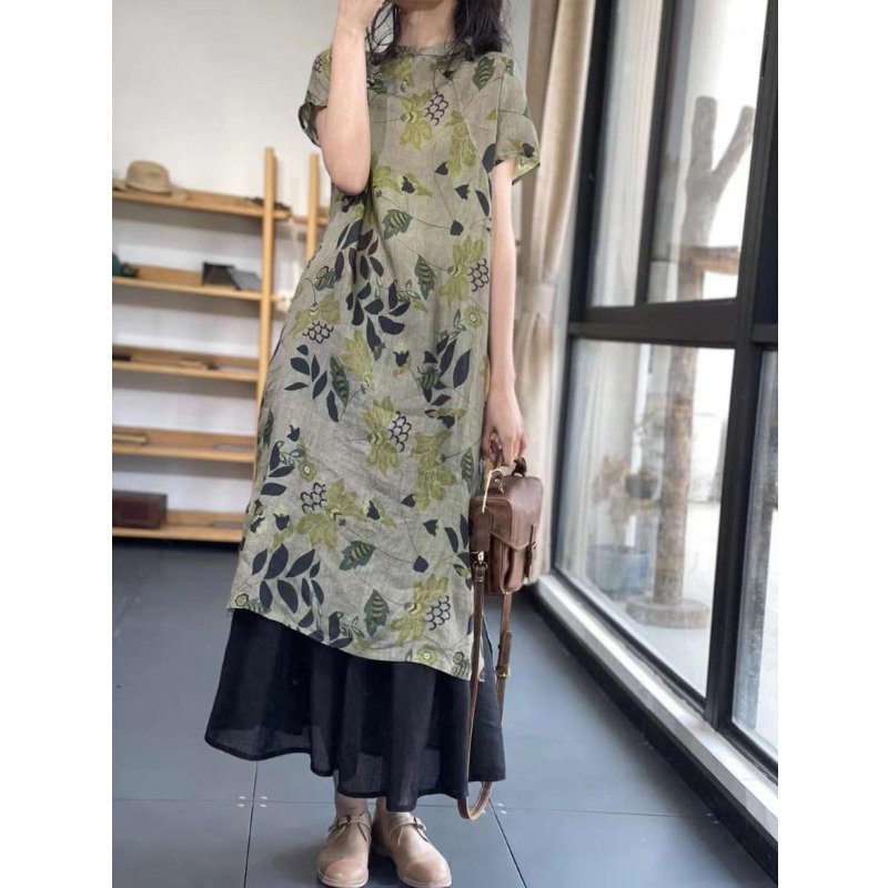 Đầm Sườn Xám Cách Tân Vải Lanh Cotton Tay Ngắn Dáng Dài In Nhãn Hiệu Lớn Kiểu Pháp Xinh Xắn Cho Bạn Gái