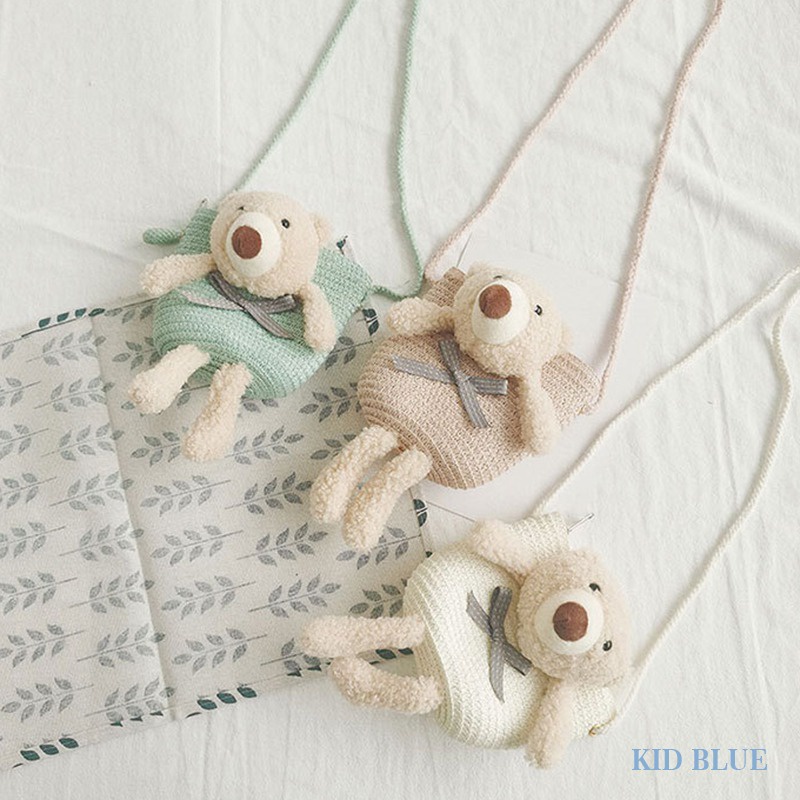 Túi Đeo Chéo Đan Mây Mini Có Khóa Kéo Hình Gấu Dễ Thương Phong Cách Công Chúa Cho Bé Gái