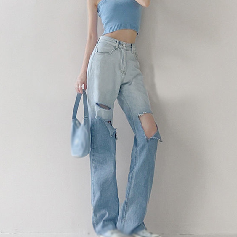 Quần jean dài lưng cao ống rộng phối rách màu gradient phong cách retro Âu Mỹ cá tính cho nữ