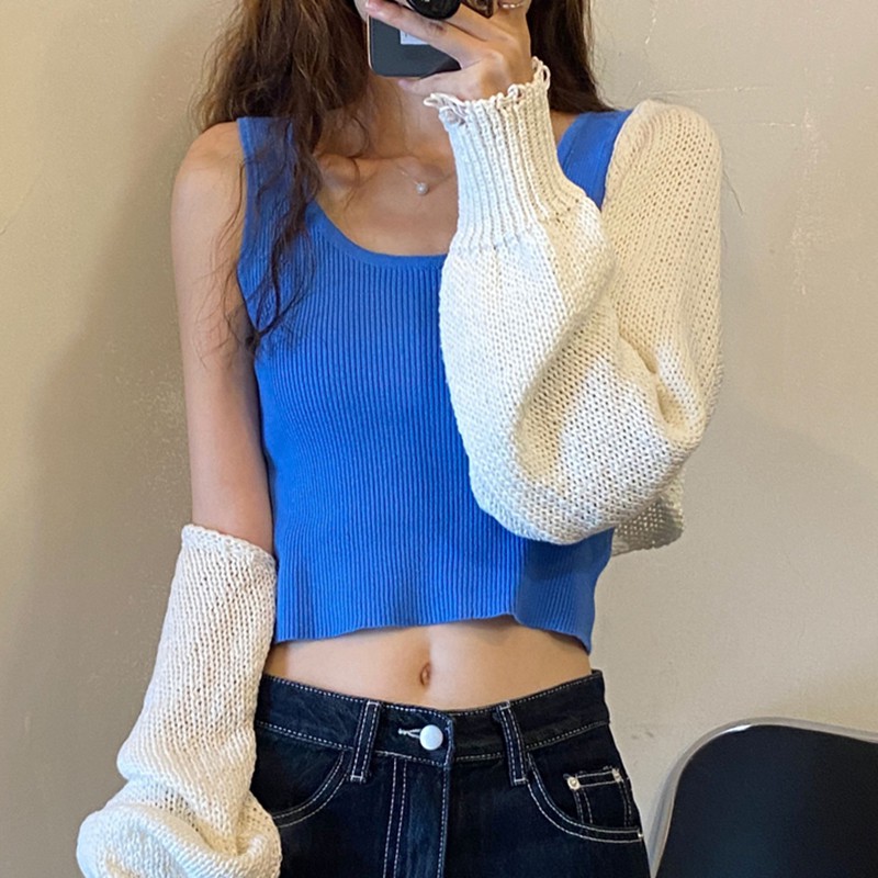 Set Áo Lửng Dài Tay + Áo Len Không Tay Thời Trang Dành Cho Nữ | BigBuy360 - bigbuy360.vn