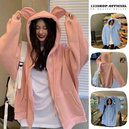 Áo khoác hoodie Chống Rét Cho Nam nữ Cho Cặp Đôi nón tai thỏ Chất Nỉ Unisex  Form rộng Có 4 Màu Ulzzang 123SHOP