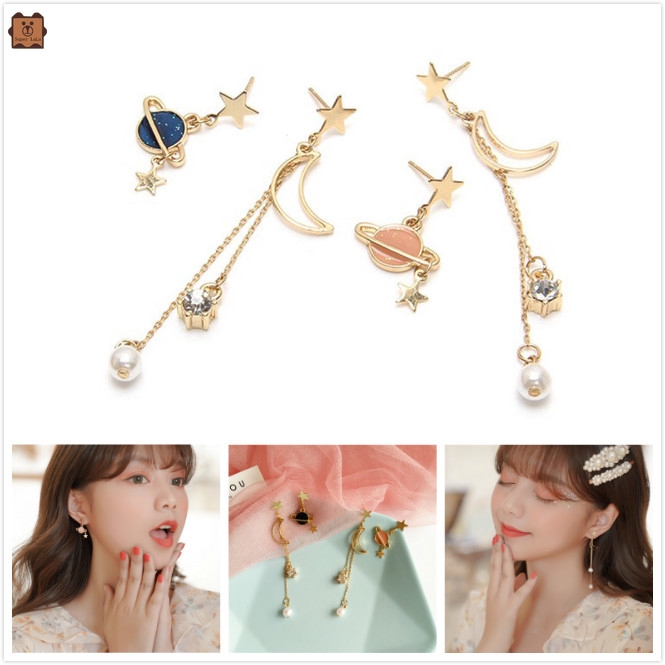 Khuyên tai lệch thả dây dài mặt ngôi sao đơn giản phong cách Hàn Quốc