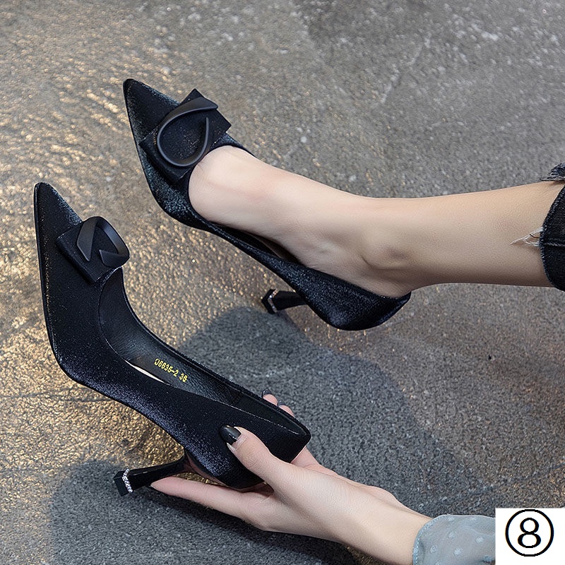 Green Giày Cao Gót Mũi Nhọn Satin Phong Cách Mới Mùa Xuân 2021 Cho Nữ