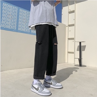 Quần jean baggy xanh nam, nữ ống rộng, dáng suông, rách cá tính, không phai màu-A11