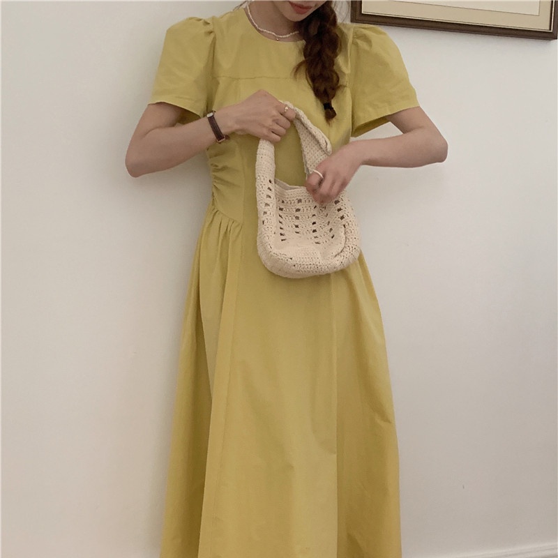 Đầm SUXI tay ngắn cổ tròn đơn giản phong cách Hàn Quốc