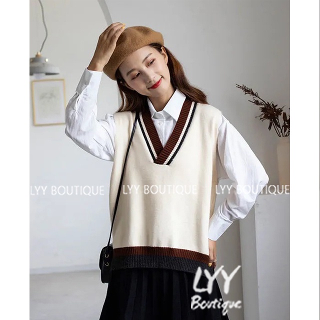 Áo gile len nữ cổ V trơn dệt kim viền kẻ chất đẹp phong cách Hàn Quốc LYY BOUTIQUE | BigBuy360 - bigbuy360.vn
