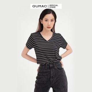 [HB Gift] Áo thun nữ sọc cổ tim GUMAC phong cách năng động, trẻ trung ATB410