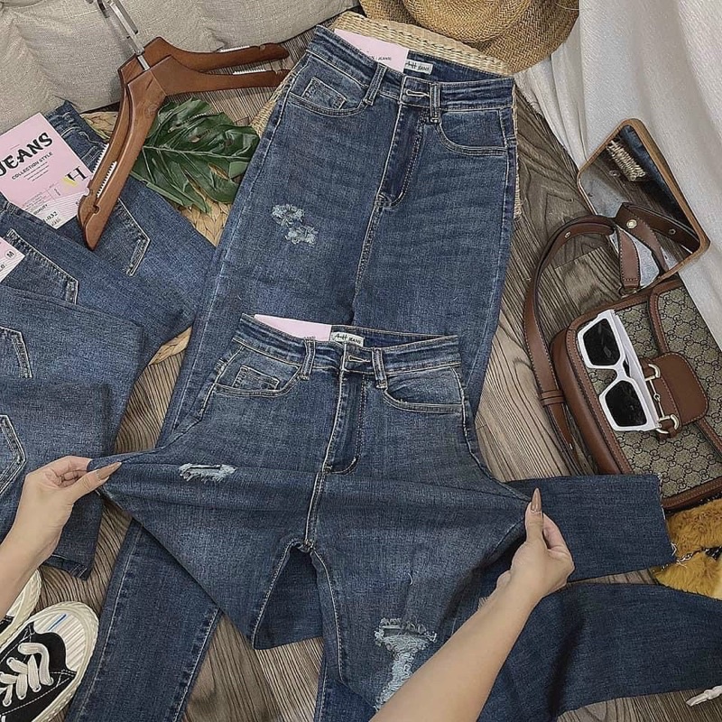 Quần Jeans Nữ Ôm Cạp Cao Rách Nhiều Xéo Gấu Fullsize Ulzzang QA3