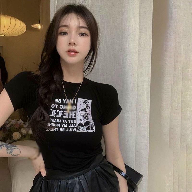 Áo Croptop Body Tay Ngắn PINKSTORE29, Dáng Ôm Cổ Tròn In Hình A5423