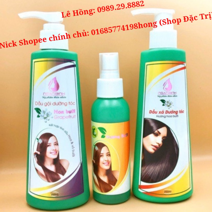 (MỚI) Combo 3 sp Tinh dầu bưởi NGÂN BÌNH + Dầu gội hoa bưởi + Dầu xả bưởi, Kích thích mọc tóc con dày dài, Giảm rụng tóc