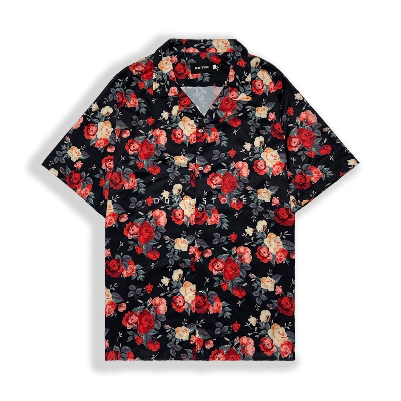 Áo sơ mi cộc tay unisex form rộng họa tiết HOA HỒNG cho nam nữ | DUYHI