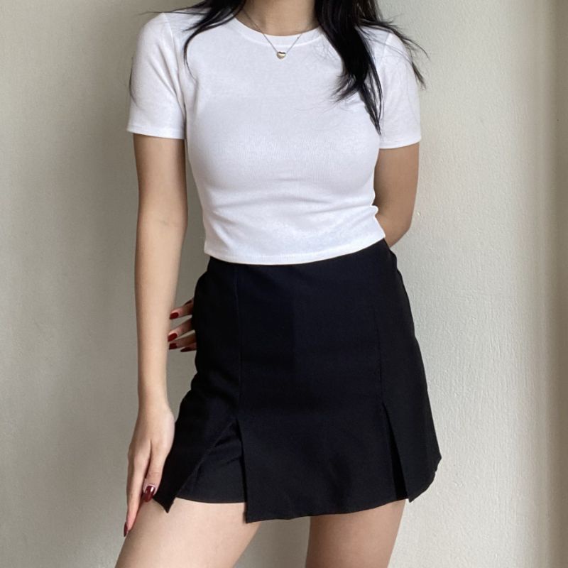 [SET 2 MÓN] Set áo len tăm màu trắng cổ tròn + quần giả chân váy chữ A xẻ tà thời trang ulzzang mùa hè đi chơi basic