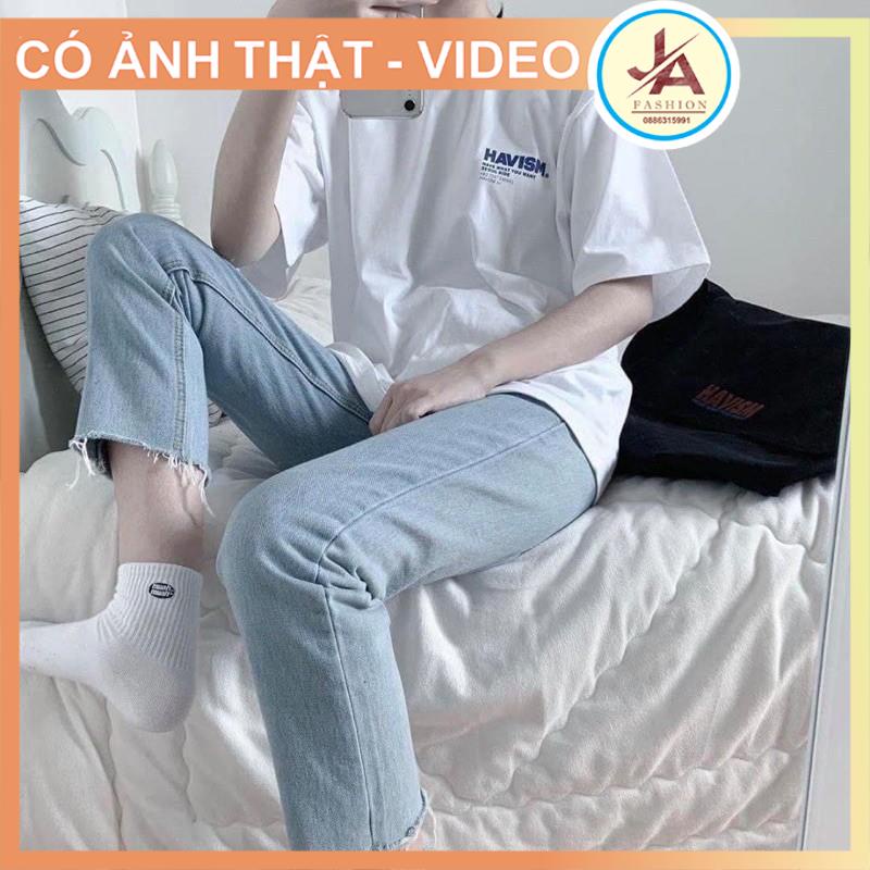 Áo Thun Tay Lỡ Unisex HAVISM màu TRẮNG �/Nam nữ form rộng hàn quốc JASHOP