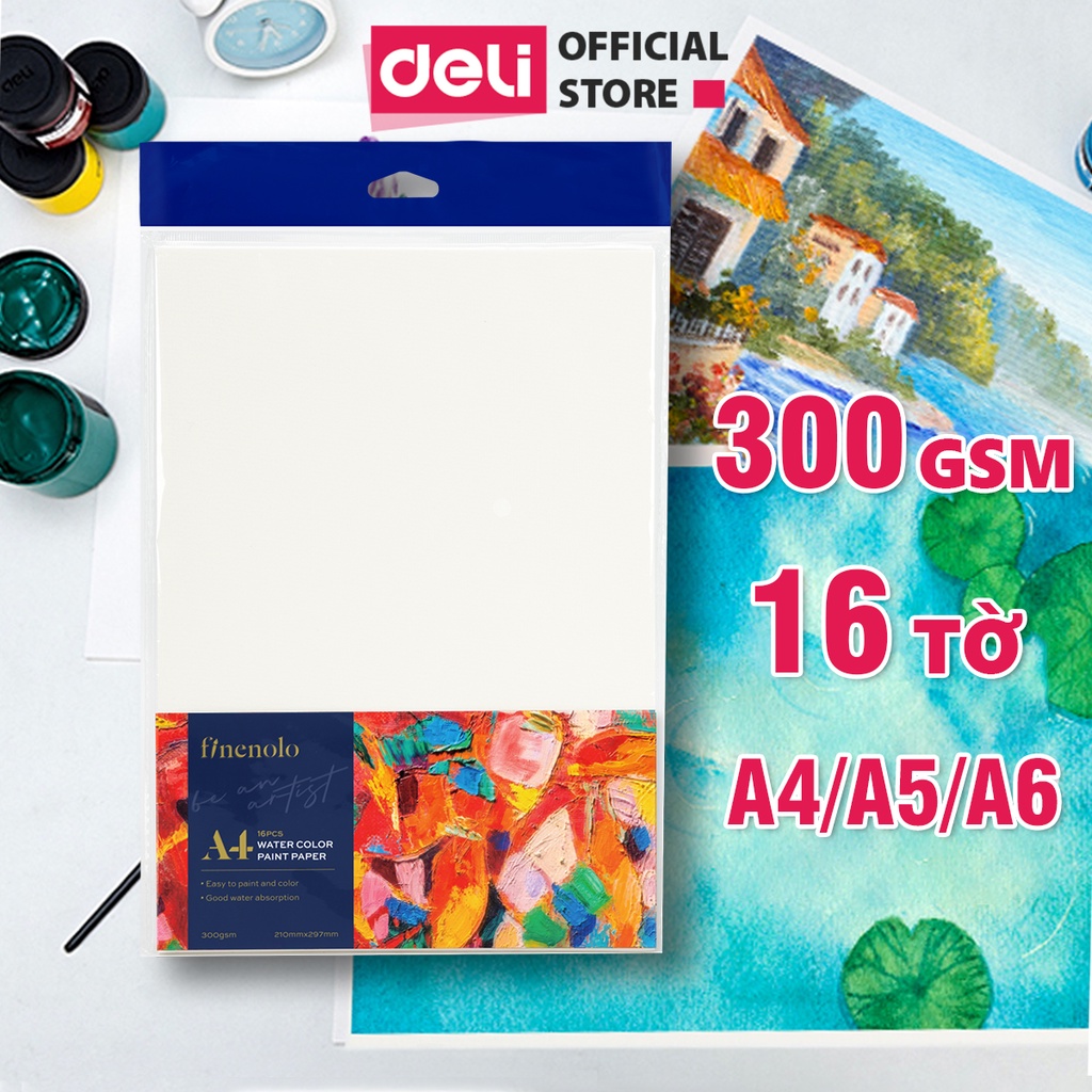 Giấy Vẽ Màu Nước Deli - Size A4 A5 A6, Định lượng 300gsm Tệp 16 tờ, dày dặn, độ loang tốt thích hợp với nhiều kỹ thuật