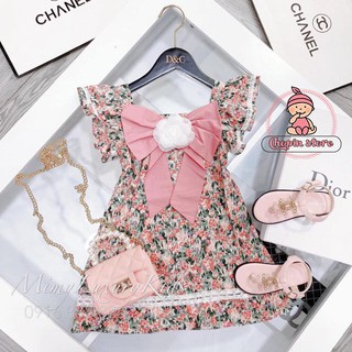 Váy bé gái- đầm bé gái nơ ren hoa trà trắng bản to