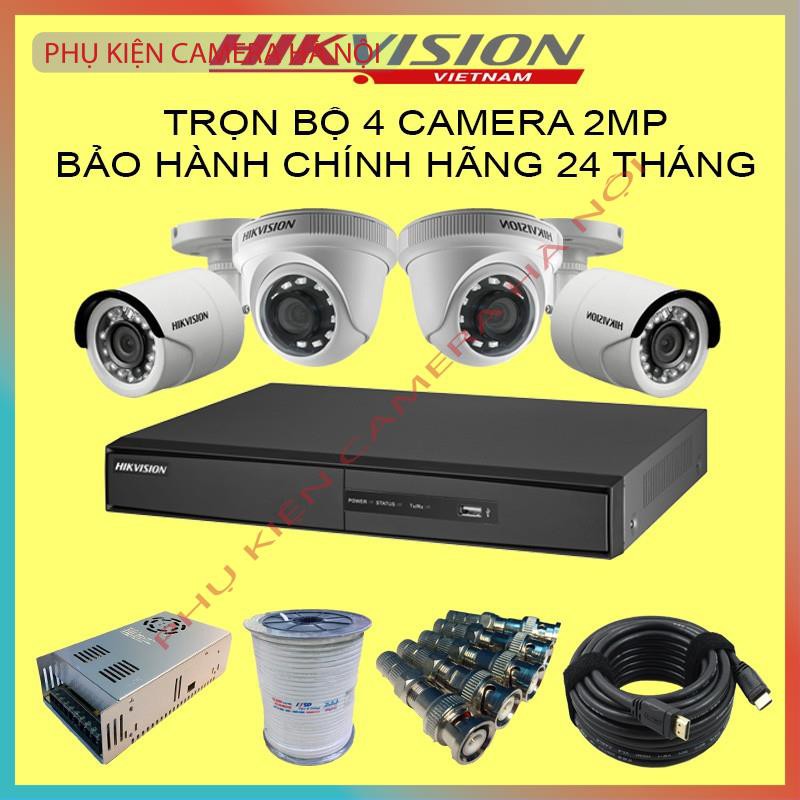 Trọn Bộ 4 Camera 2mp Hikvision Hàng chính hãng kèm 40m dây đồng trục liền nguồn, Đầy đủ phụ kiện lắp đặt