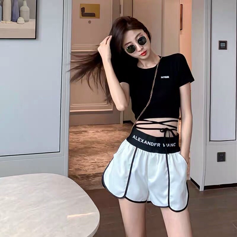 Áo kiểu thun borip croptop dây eo Trắng-đen