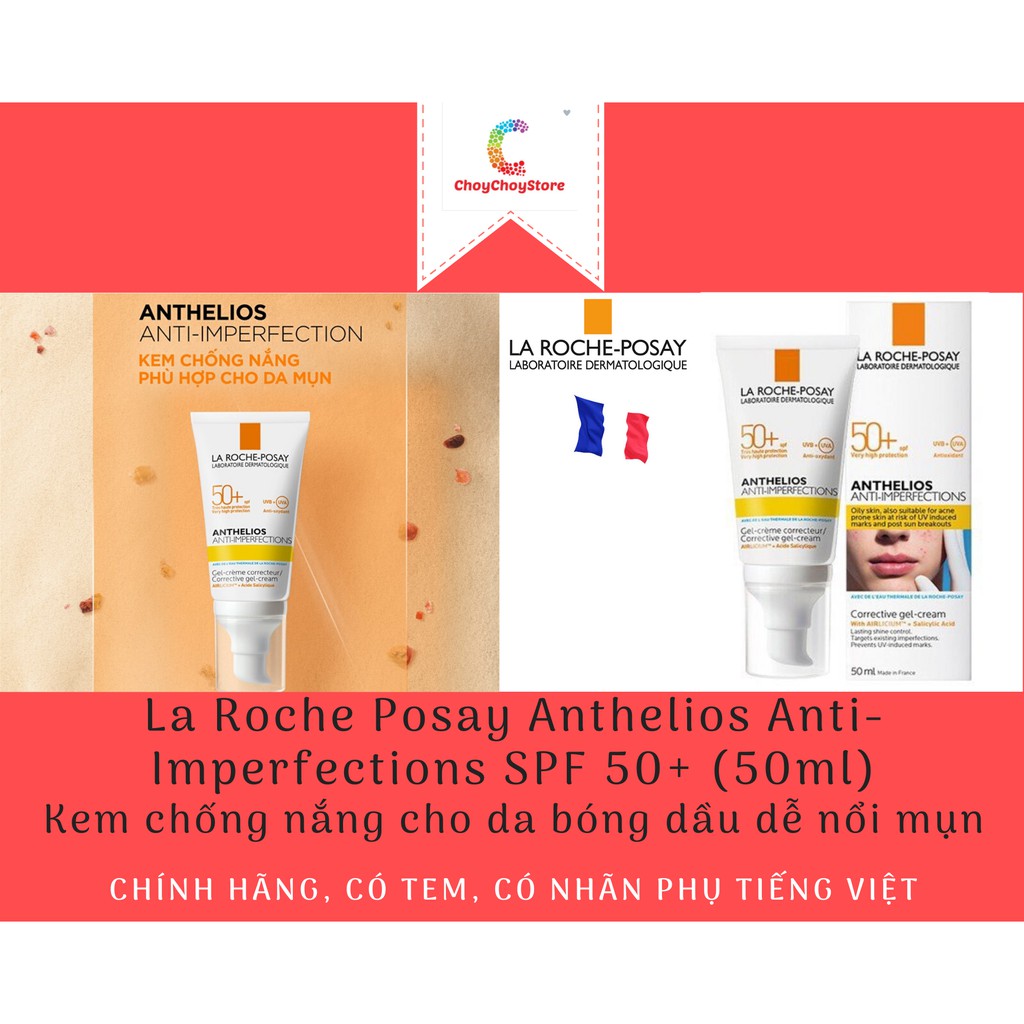 [TEM CTY] Kem chống nắng La Roche Posay Anthelios Anti Imperfections SPF50+ (50ml)  cho da bóng dầu dễ nổi mụn