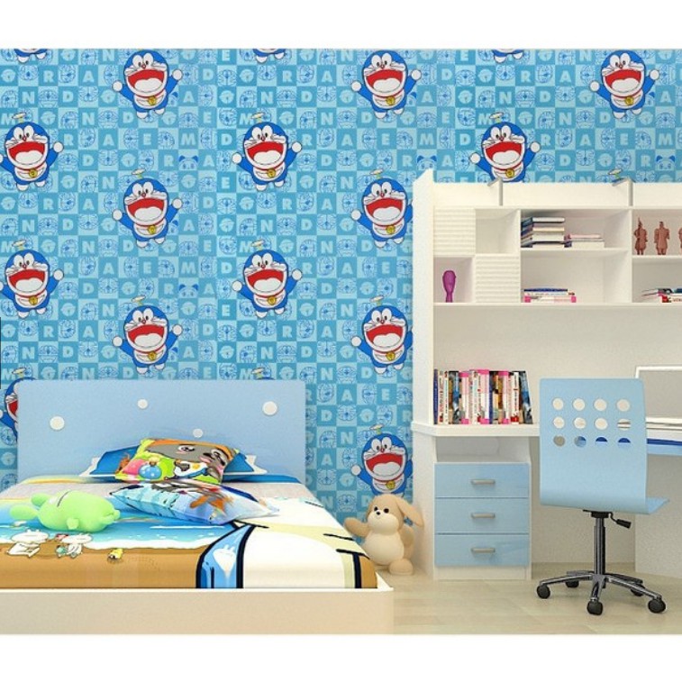 Cuộn 10m giấy dán tường DOREMON CHỮ SỐ XANH khổ rộng 45cm