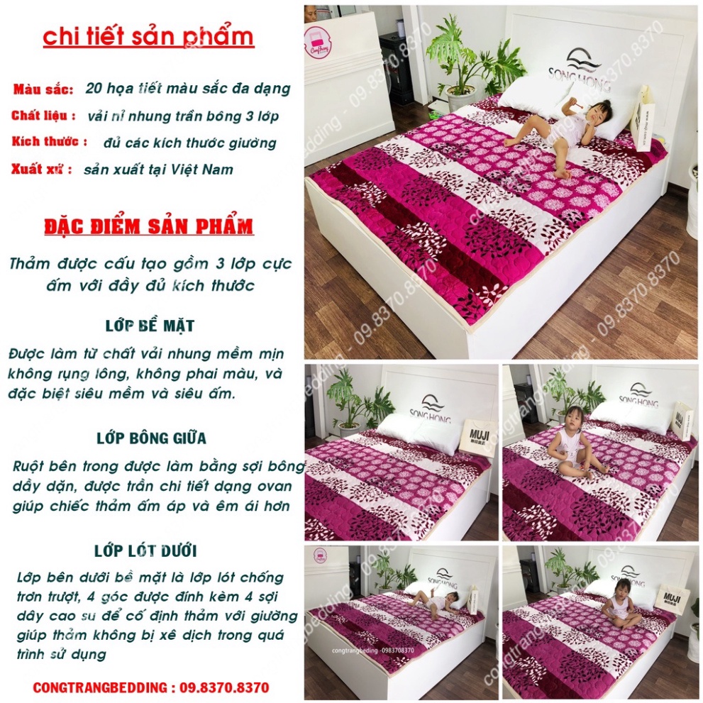 Thảm nhung trải giường một màu 3 lớp siêu ấm đủ kích thước 4 màu (Chất Liệu Bông Trắng - Giặt Máy Thoải Mái)