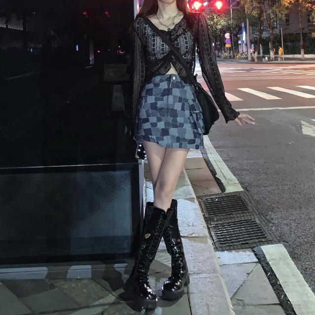 Set Áo Ren Lưới + Quần Short Denim Giả Váy Thời Trang Cho Nữ