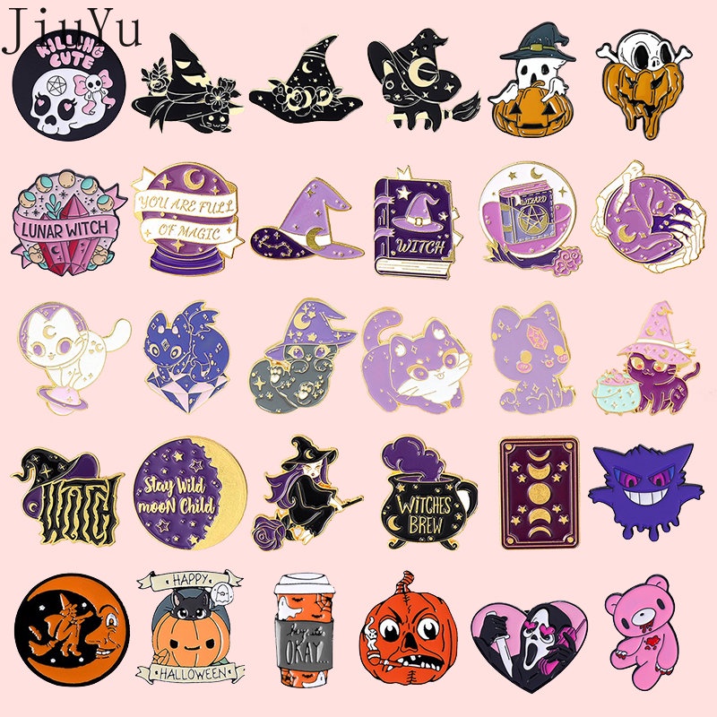 Ghim Cài Áo Hình Phù Thủy / Mèo / Bí Ngô Halloween Tráng Men Sáng Tạo