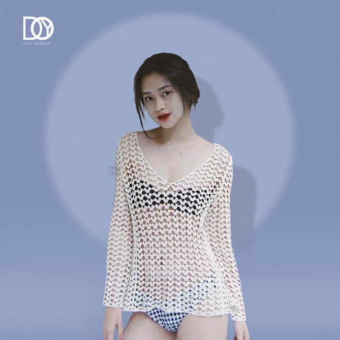 [ ÁO LƯỚI VUÔNG DÀY ĐI BIỂN ] áo len đan lưới đi biển 2 màu trắng - be | BigBuy360 - bigbuy360.vn