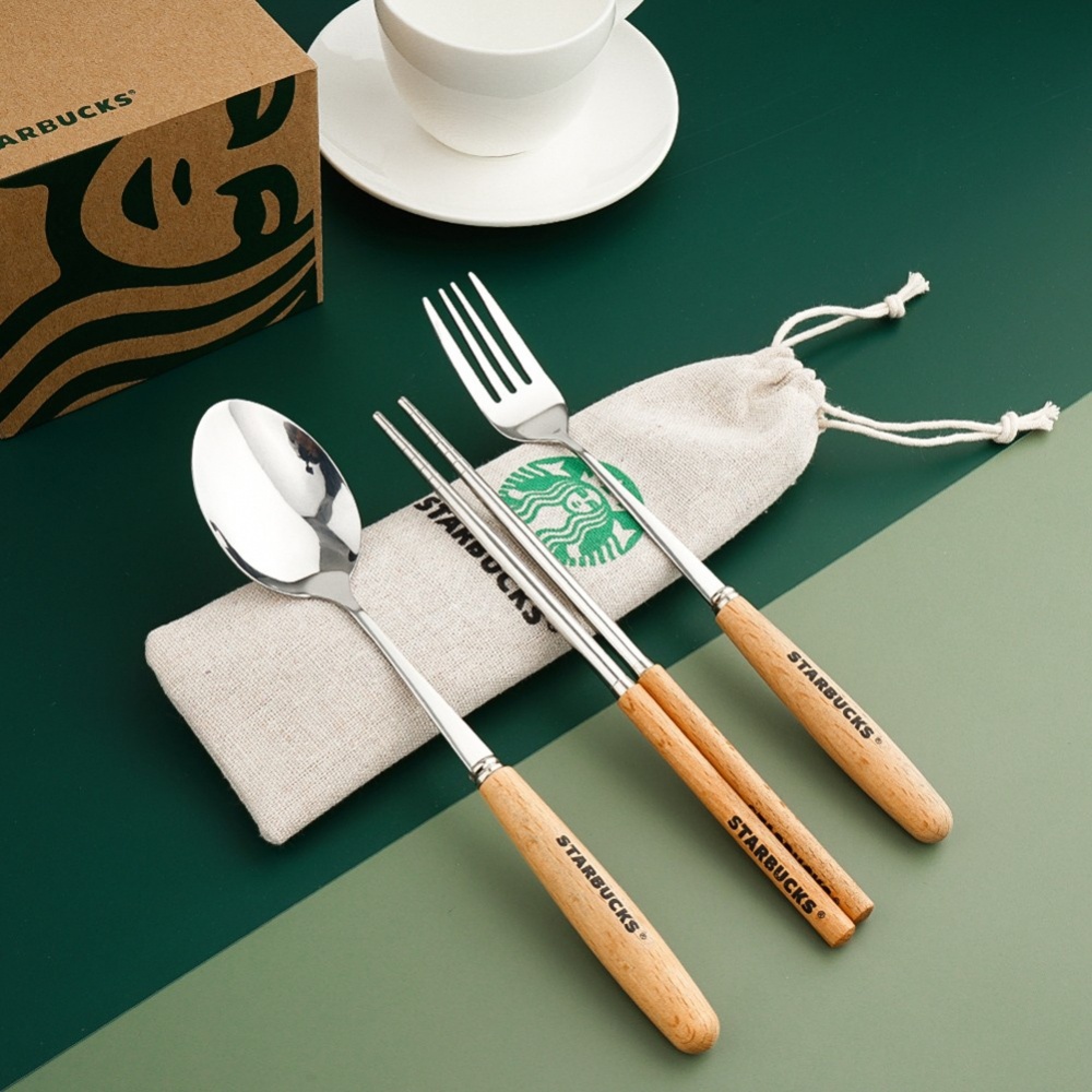Bộ 3 Món Đũa Muỗng Nĩa Bằng Thép Không Gỉ Kèm Túi Vải Starbucks