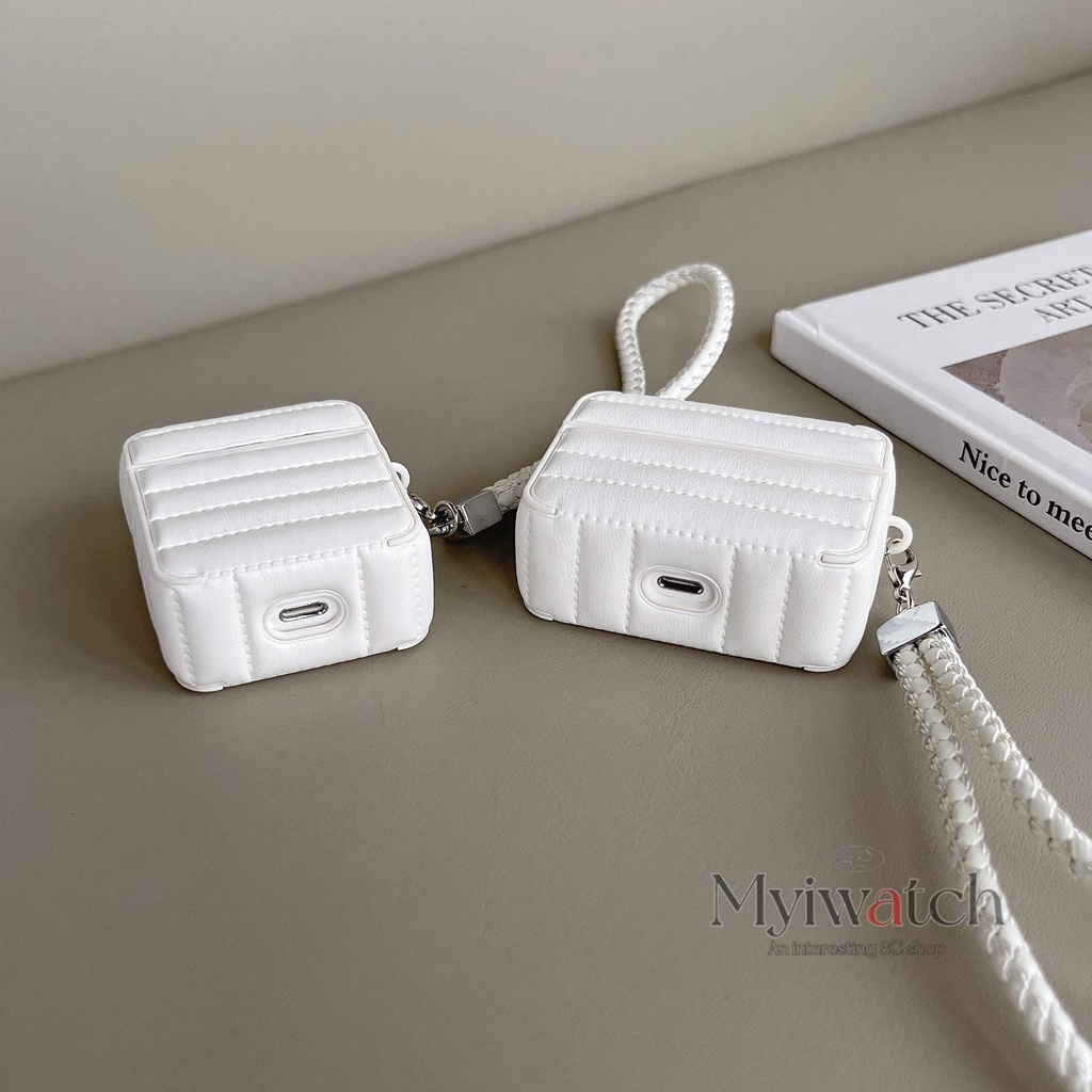 Vỏ Bảo Vệ Hộp Sạc Tai Nghe bluetooth Không Dây Apple AirPods 1 2 3 Pro Bằng Da Hình Áo Khoác Phao Màu Trắng Có Móc Treo