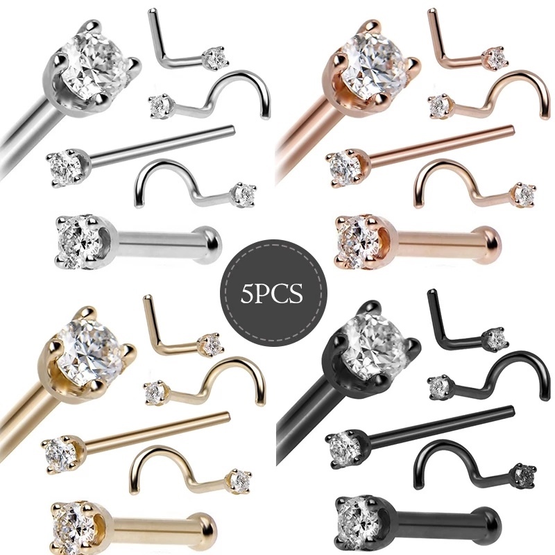 Set 5 Khuyên Mũi Thép Không Gỉ Đính Đá Nhân Tạo Nhiều Kiểu Dáng