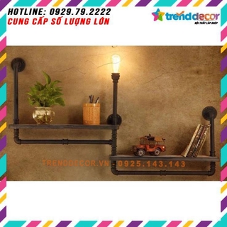 Kệ treo tường gỗ kệ ống nước kiêm đèn vintage chất liệu ống sắt  nội thất ống nước trang trí