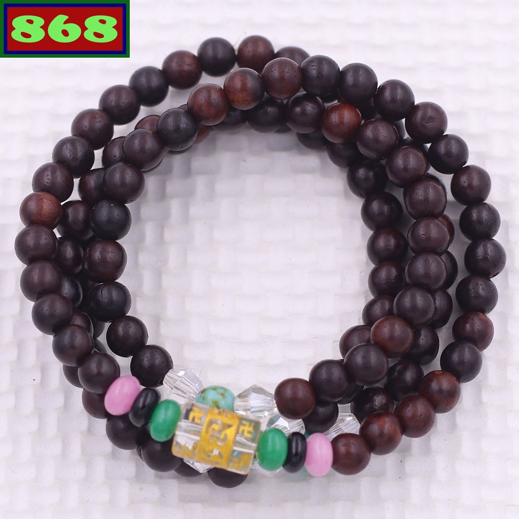 Vòng chuỗi 108 hạt gỗ đàn hương nâu charm lục tự kim ngôn - hạt 6 ly, 8 ly, vòng chuỗi niệm Phật, vòng chuỗi đeo tay