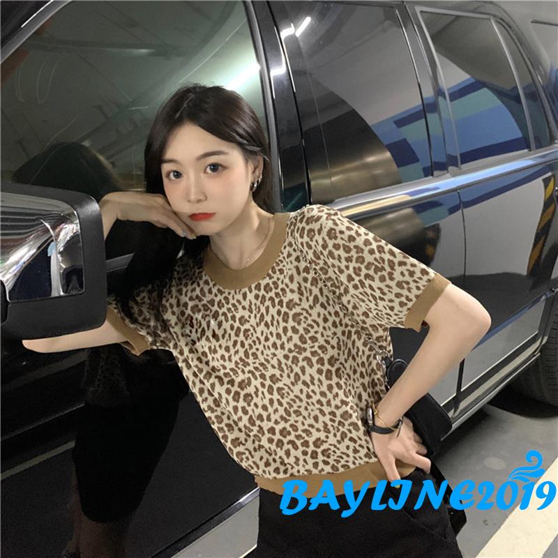 Áo Thun Nữ Ngắn Tay Họa Tiết Da Báo Màu Tím / Hồng / Kaki