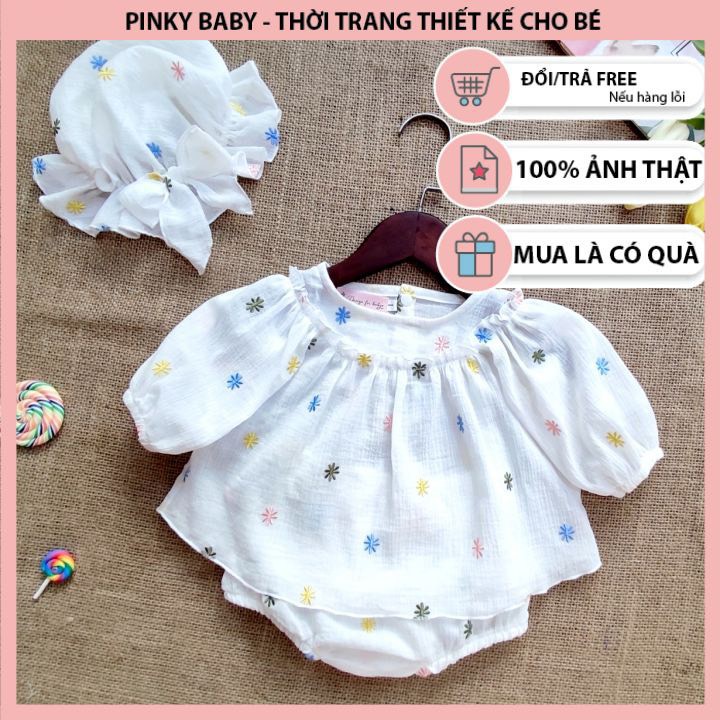 Bộ Chip Dài Tay Hoa Trắng Thêu Cho Bé Gái Sơ Sinh 0-12 Tháng Kèm Mũ, Váy Sơ Sinh, Bodychip Đầy Tháng, Bodysuit Sơ Sinh