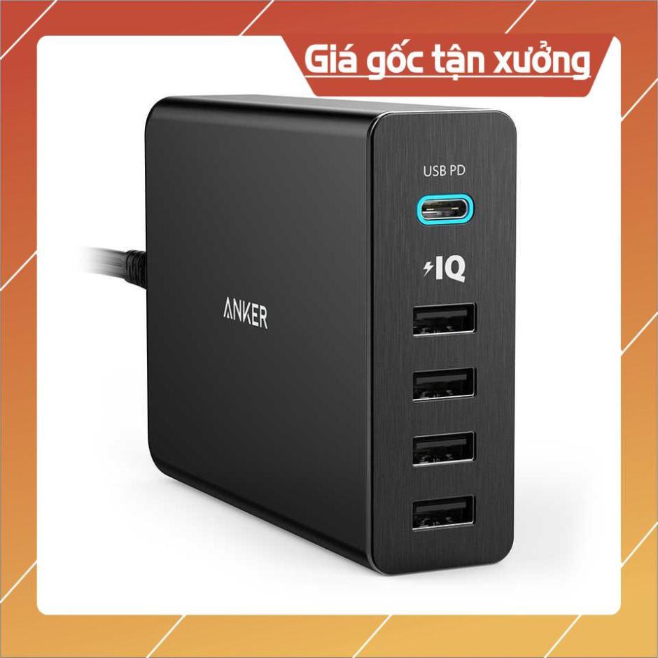 Cóc củ sạc nhanh 60W 4 cổng IQ USB & 1 cổng PD Type-C chính hãng Anker PowerPort +5 (Max 3A / Type-C và 2.4A / USB)