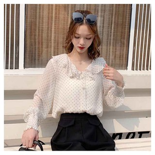 Áo Sơ Mi Chấm Bi Cổ Tròn Phối Bèo Akara N617