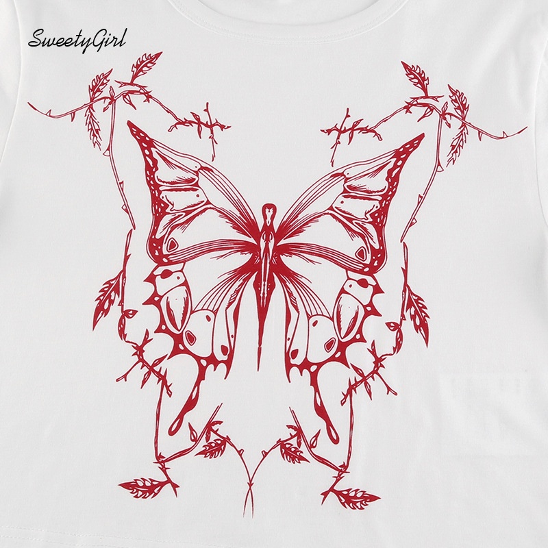 Áo Thun Hở Rốn In Hình Bướm Màu Sắc Tương Phản Phong Cách Mỹ 2022 Dành Cho Bạn Nữ
