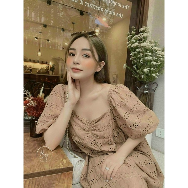 Váy thô cao cấp hoạ tiết hoa nổi đục lỗ thời trang babydoll váy bầu siêu xinh
