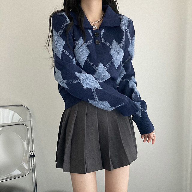 QADCOL  Áo dệt kim mềm mại cổ polo họa tiết caro thời trang dành cho nữ