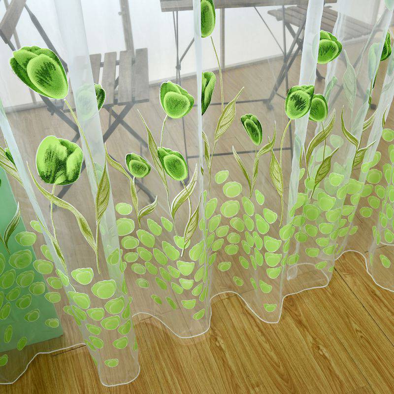 Rèm cửa voan in hình hoa Tulip có dây để buộc rèm