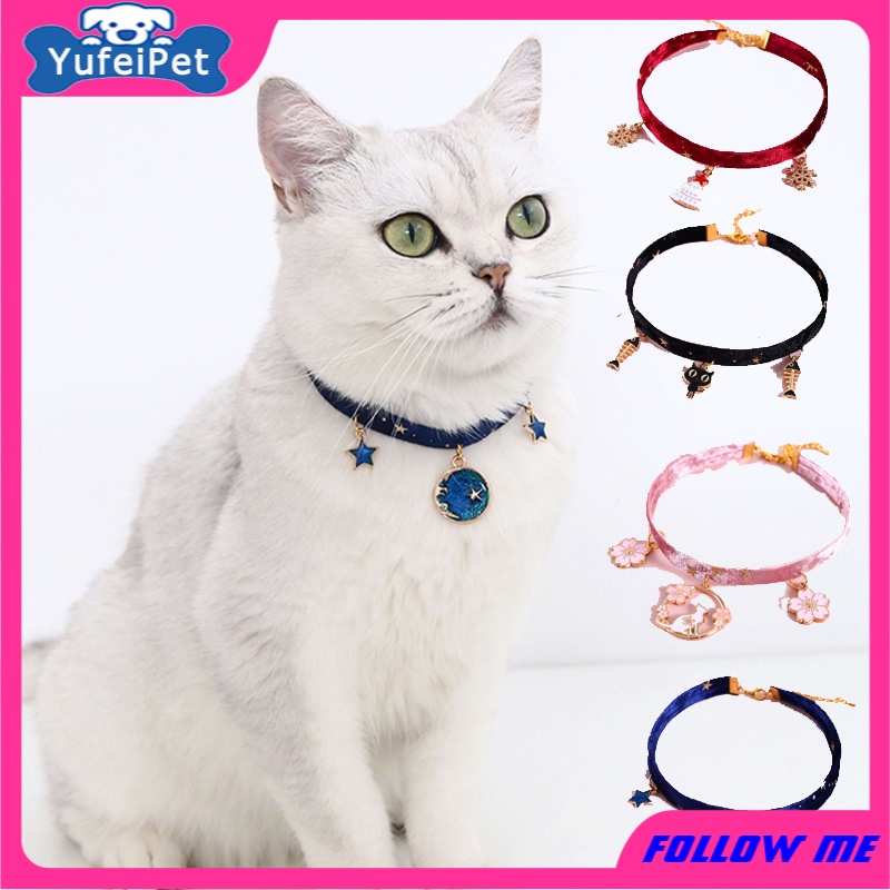 Vòng cổ nhung trang trí mặt bông tuyết/ bầu trời/ hoa đào/ mèo đen điều chỉnh được mạ đồng xinh xắn dành cho thú cưng