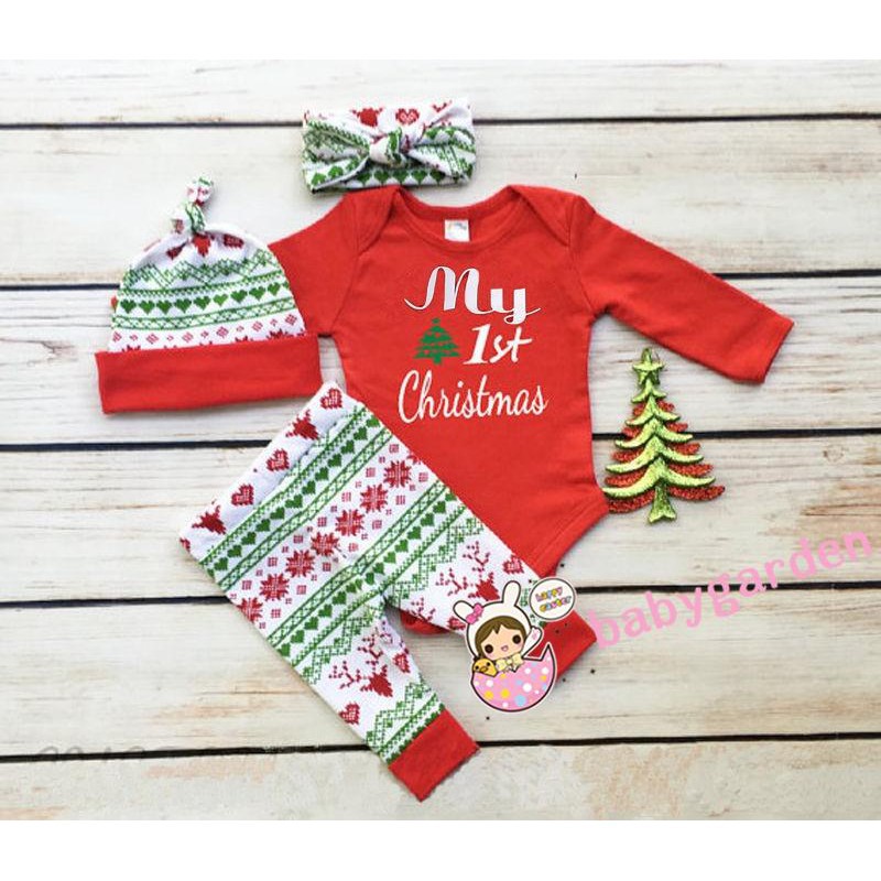 ღ♛ღNewborn Baby Boys Girls First Christmas Clothes Romper Pants Hat Outfit Set 3PCS